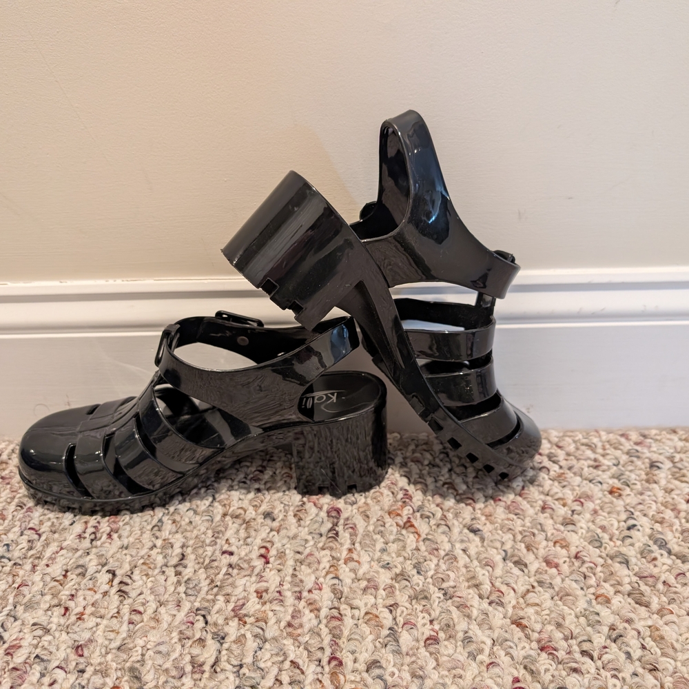 Black Patent Jelly Sandals - Women's Strappy Block Heel - Picture 3 of 5